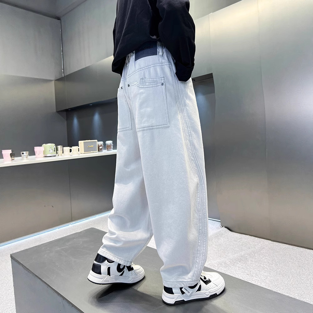 男童夏季裤子新款中大童薄款男孩防蚊裤儿童白色夏装牛仔长裤，童装裤子，摩比熊