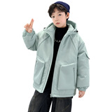 男童冬装中兔毛纯色连帽加绒棉衣大童新品冬季加厚棉服潮，童装棉衣，摩比熊