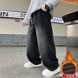 男童加绒牛仔裤宽松直筒保暖裤子冬装青少年中大童加厚一体绒长裤，童装裤子，摩比熊
