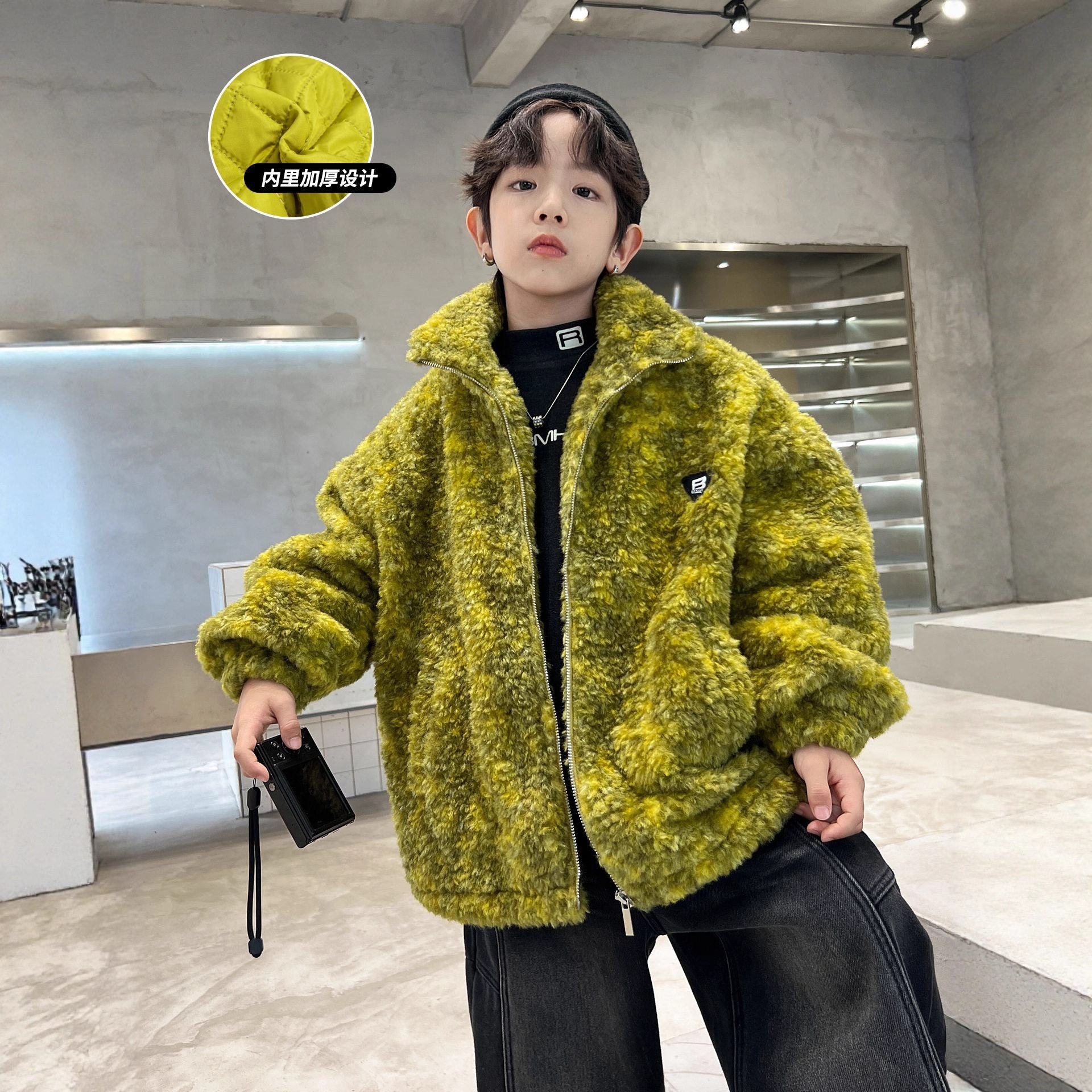男童夹棉外套新款儿童羊羔毛加厚中大童秋冬装上衣痞帅毛毛衣，童装外套，摩比熊