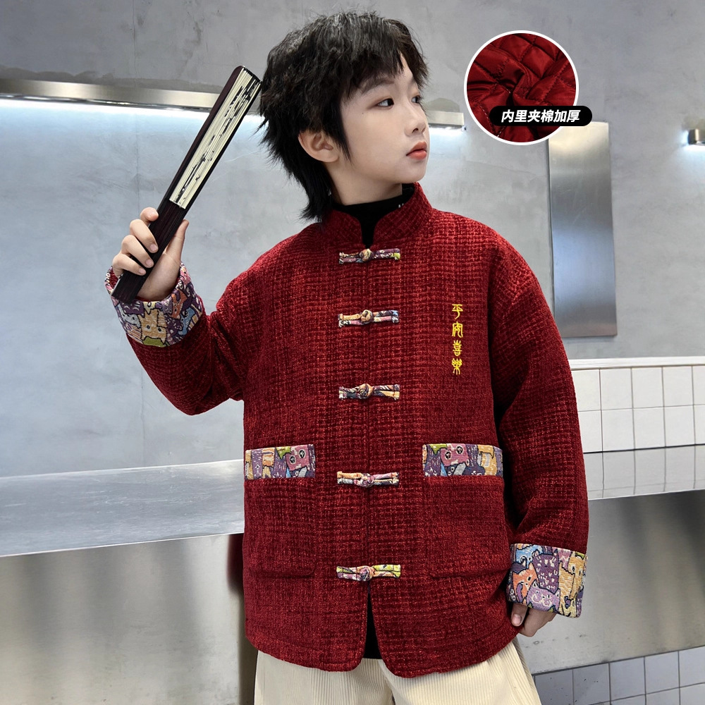男童拜年服新款中大儿童蛇年本命年红色外套冬季新年衣服唐装，童装外套，摩比熊