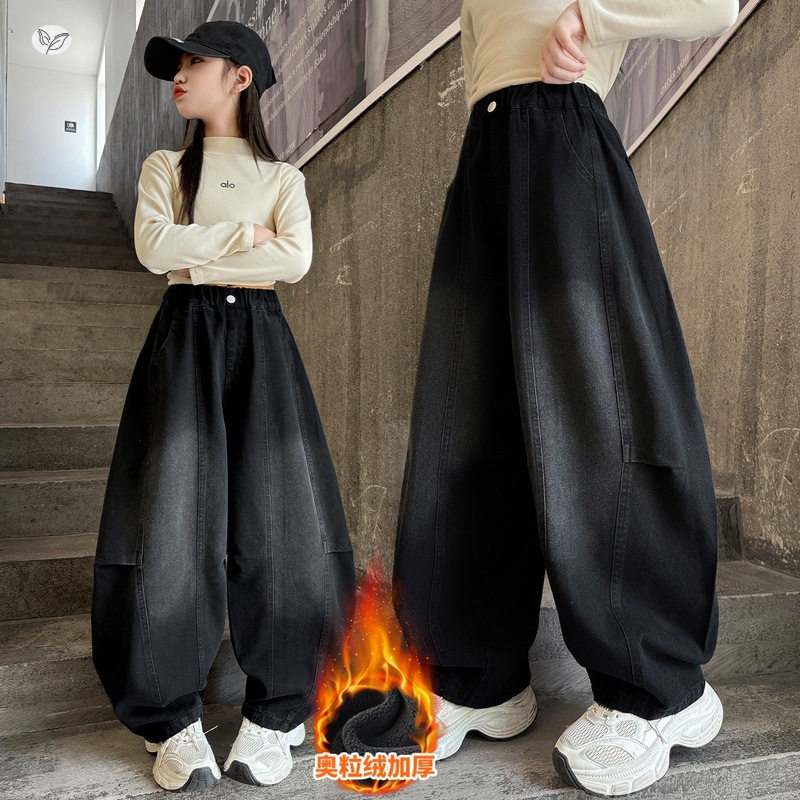 女童年冬季新款嘻哈风加绒工装牛仔裤酷女孩户外保暖哈伦裤潮，童装裤子，摩比熊