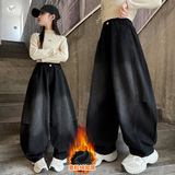 女童年冬季新款嘻哈风加绒工装牛仔裤酷女孩户外保暖哈伦裤潮，童装裤子，摩比熊