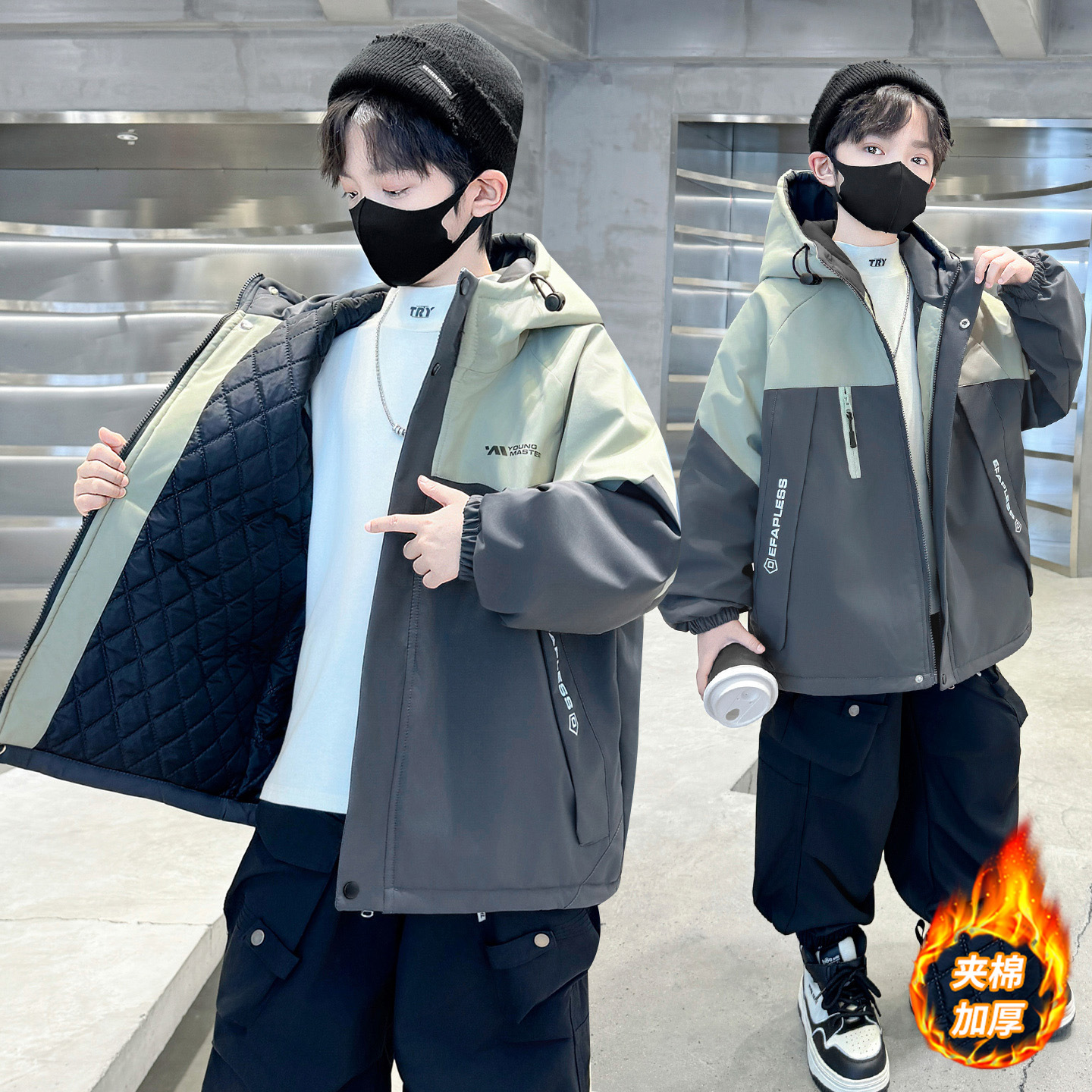 男童秋冬夹棉外套新款中大童冬季加绒派克服儿童冬款冲锋衣潮，童装外套，摩比熊