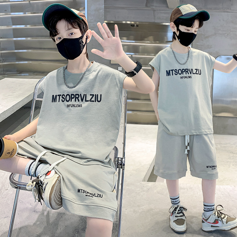 男童无袖套装夏装新款大童夏季薄款男孩帅气儿童运动衣服，童装休闲套装，摩比熊