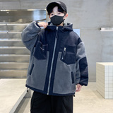 男童冬装夹棉拼接牛仔毛毛衣外套冬季新款儿童连帽加厚上衣潮，童装棉衣，摩比熊