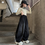 女童年冬季新款嘻哈风加绒工装牛仔裤酷女孩户外保暖哈伦裤潮，童装裤子，摩比熊