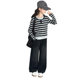 女童秋装套装新款儿童条纹长袖T恤中大童牛仔裤两件套春秋款，童装休闲套装，摩比熊