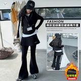 女童秋冬加绒套装年新款中大童休闲半拉链卫衣喇叭长裤两件套，童装休闲套装，摩比熊