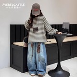 女童加绒加厚卫衣款新款女孩儿童女大童冬季保暖条纹上衣，童装卫衣/绒衫，摩比熊