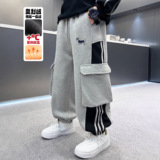 男童加绒裤子新款秋冬款一体绒男孩加厚运动大儿童冬季工装裤，童装裤子，摩比熊