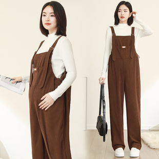 孕妇背带裤冬季加绒宽松休闲大码直筒长裤灯芯绒裤子春秋两件套潮