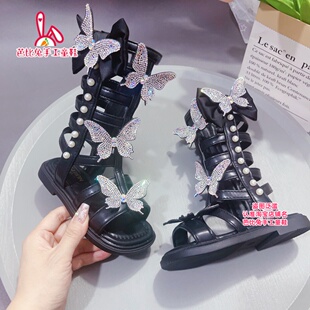 2026新款夏季女童罗马凉鞋高筒水钻蝴蝶公主鞋时装走秀软底凉鞋