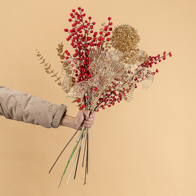 福桶年宵花材料仿真花金色尤加利柿柿如意石榴发财果红果装饰摆件