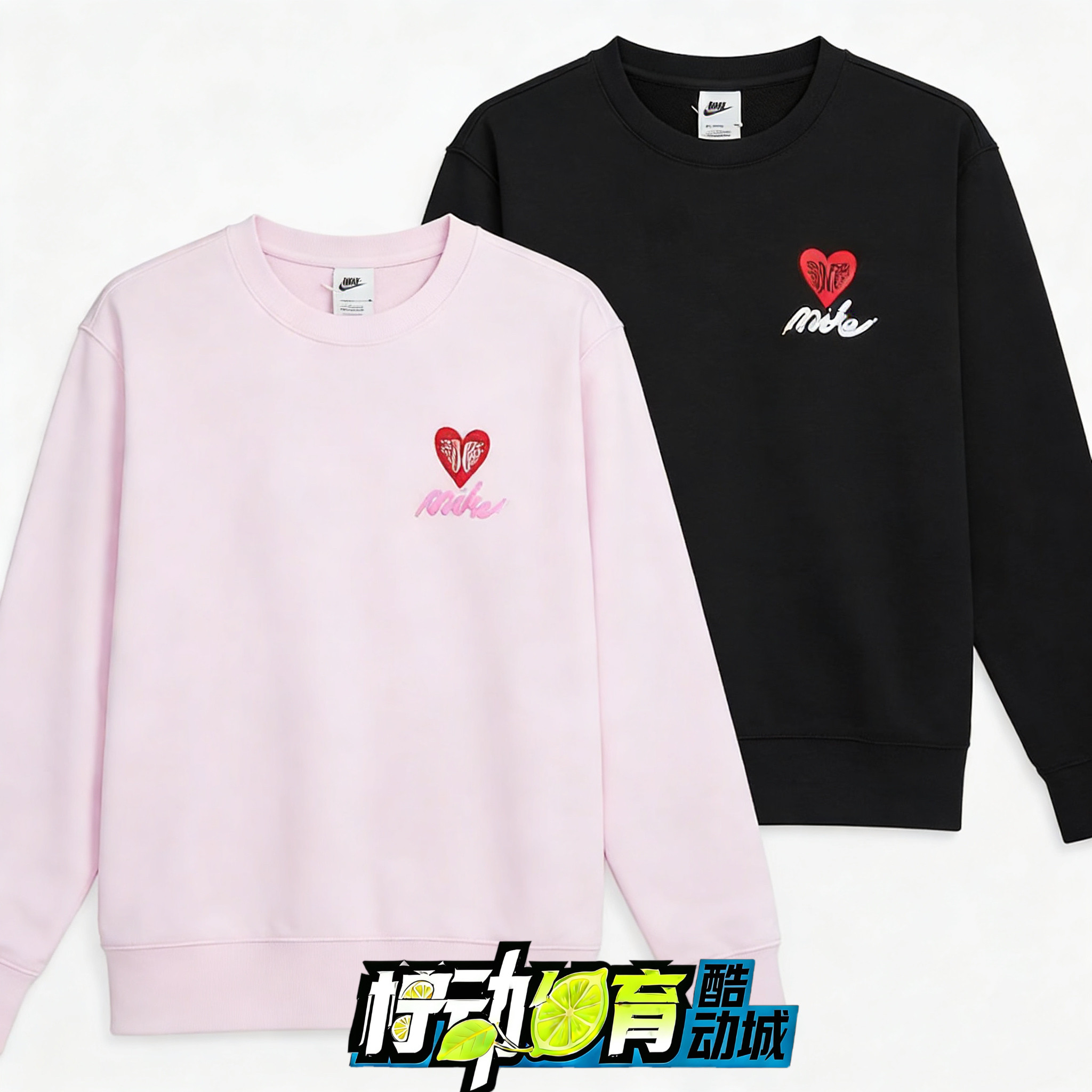正品Nike/耐克 男女同款情人节爱心印花海外圆领套头衫卫衣IB8233