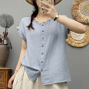 今年流行的上衣居家简约风无袖背心棉麻衬衫上衣夏季新款百搭女装