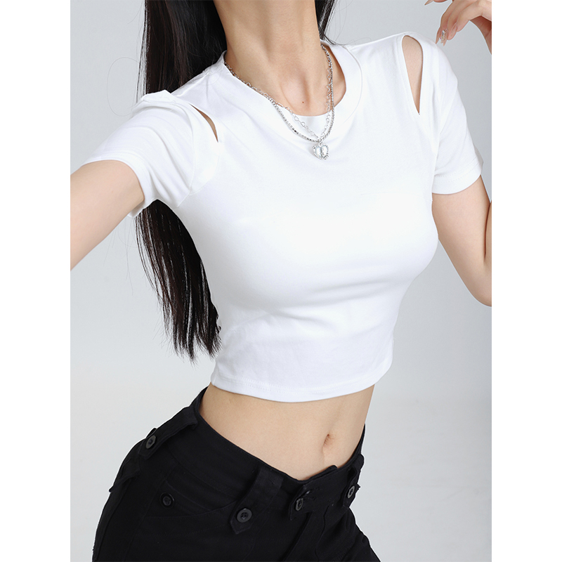 美式潮流高腰纯棉镂空短袖T恤女装夏季新款辣妹修身显瘦短款上衣