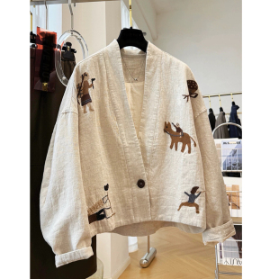 宽松女装 秋季 外套重工精美刺绣开衫 百搭文艺复古棉麻V领长袖 新款