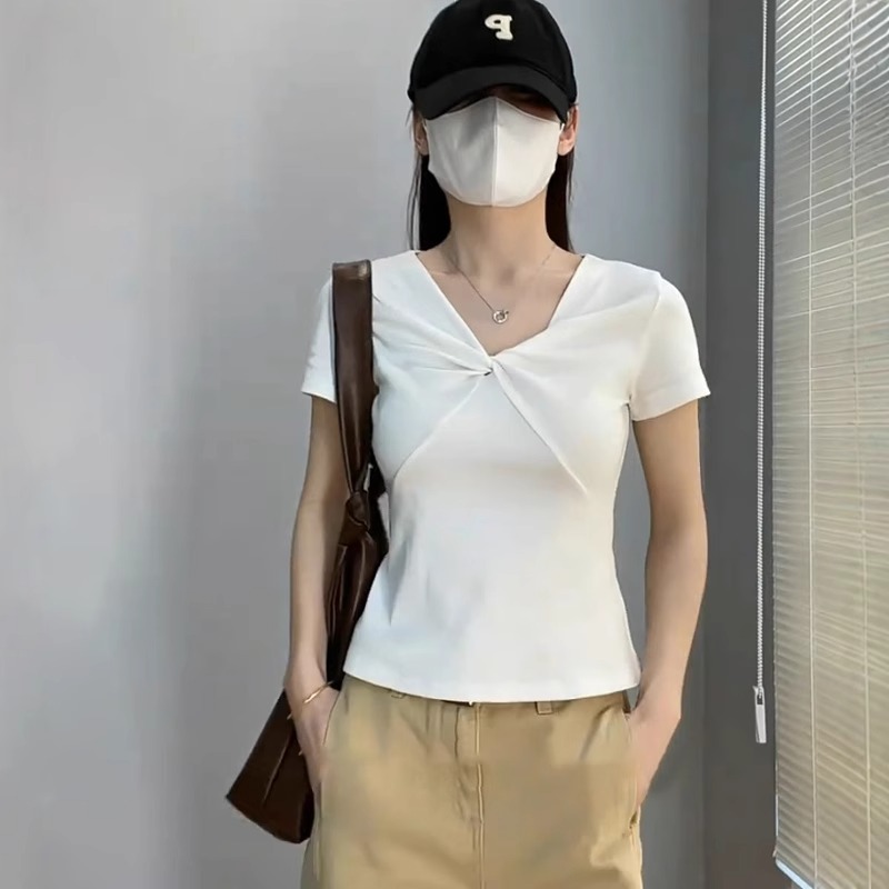 设计感扭结V领短袖上衣夏季新款莫代尔T恤衫女装韩版纯白女装潮流