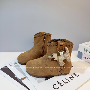 2025秋冬新款 堆堆靴 女童马丁靴真皮儿童短靴复古棉靴中大童勃肯鞋