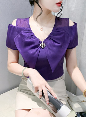 气质荷叶边上衣女夏装新款性感V领露肩短袖T恤修身显瘦半袖体恤衫