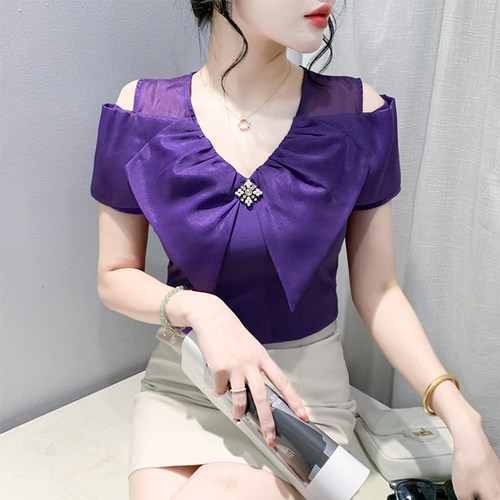 气质荷叶边上衣女夏装新款性感V领露肩短袖T恤修身显瘦半袖体恤衫