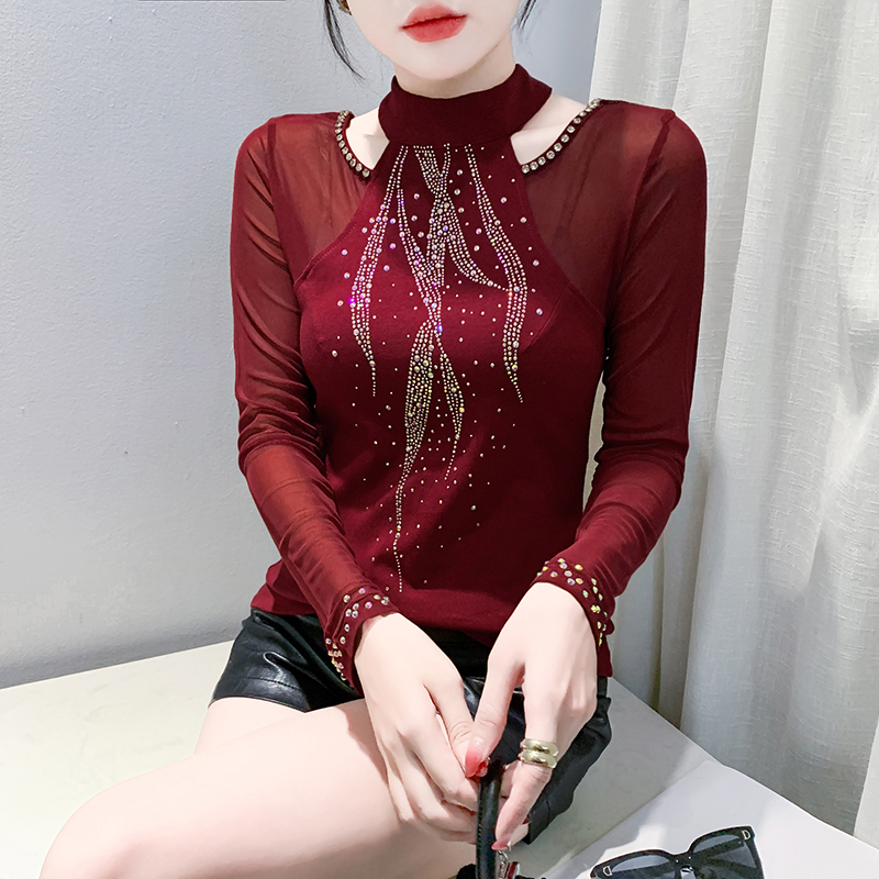 设计感网纱上衣烫钻长袖t恤女秋冬新款性感露肩时尚洋气打底衫潮
