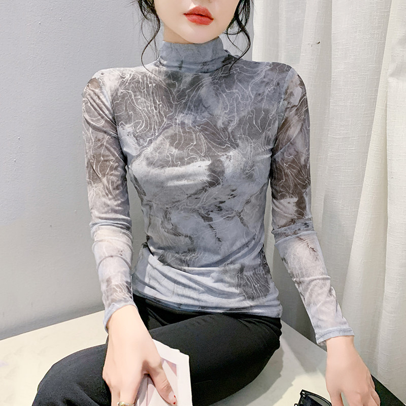 时髦减龄印花打底衫女长袖内搭薄款半高领T恤修身网纱上衣秋冬装