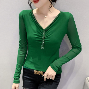 潮 气质网纱T恤长袖 性感V领钉珠上衣女秋冬2024新款 加绒加厚打底衫