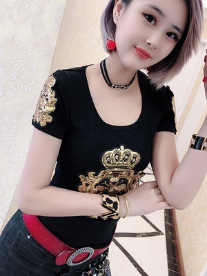 2019夏季新款圆领珠片女显瘦绣花