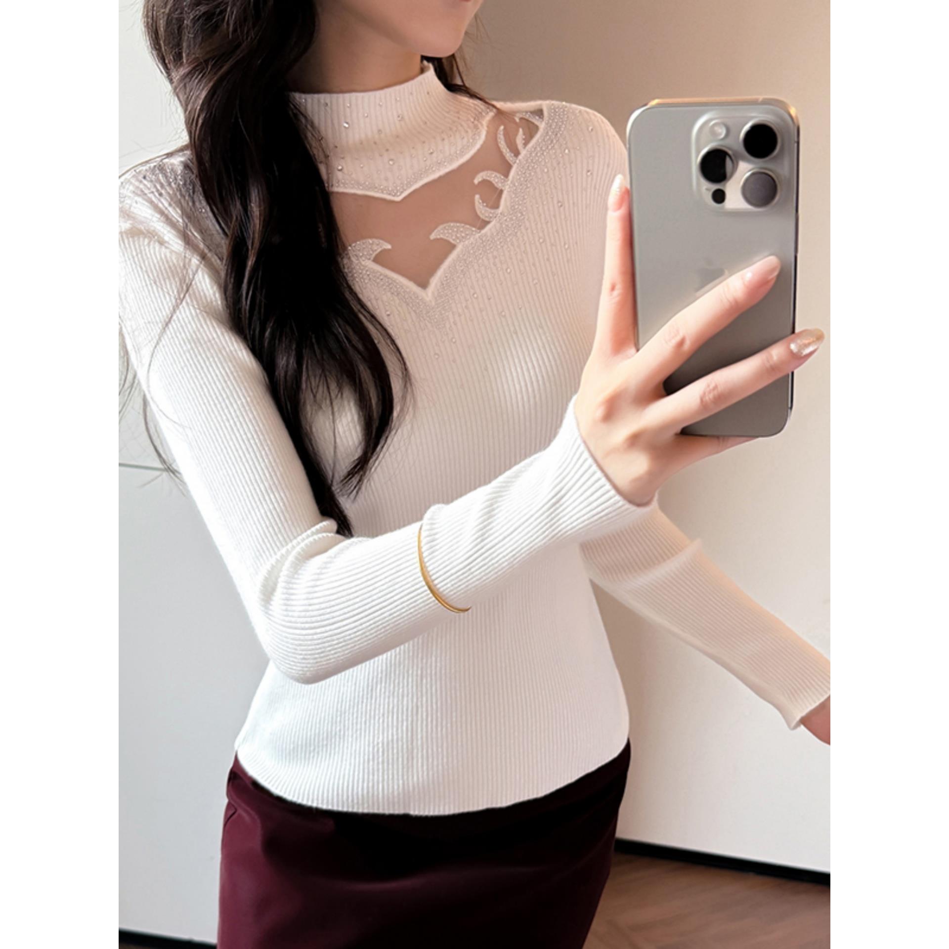 高领针织衫女长袖秋冬欧货洋气重工烫钻上衣修身内搭套头打底毛衣