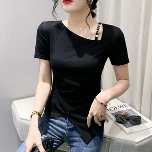 欧货不规则短袖 百搭别致体恤 T恤女ins设计感开叉上衣洋气修身 小衫