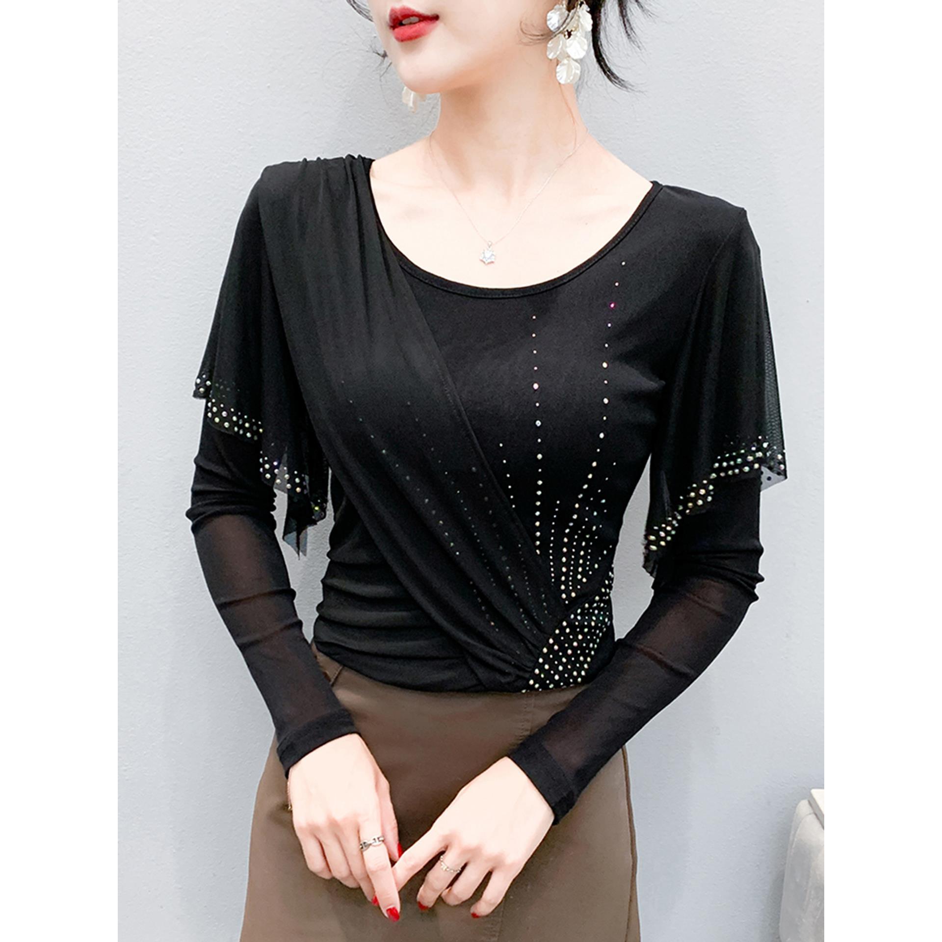 重工烫钻T恤女长袖春秋欧货设计感荷叶边网纱上衣洋气百搭打底衫