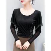 重工烫钻T恤女长袖 春秋欧货设计感荷叶边网纱上衣洋气百搭打底衫