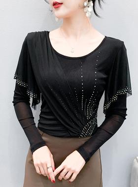 重工烫钻T恤女长袖春秋欧货设计感荷叶边网纱上衣洋气百搭打底衫