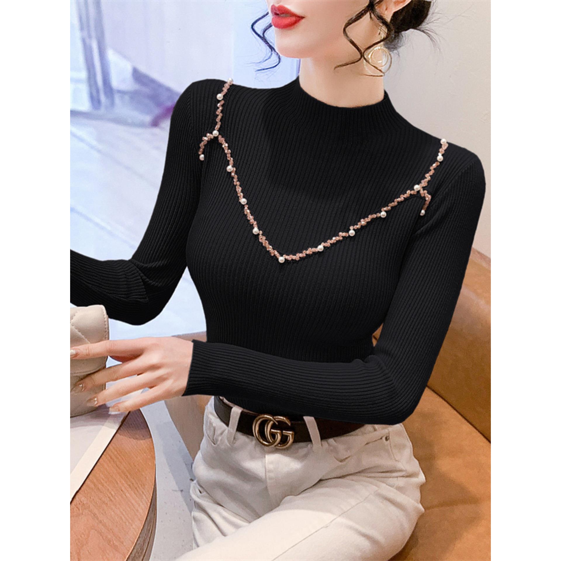 半高领毛衣打底衫女2025秋冬新款欧货烫钻钉珠针织衫长袖内搭上衣