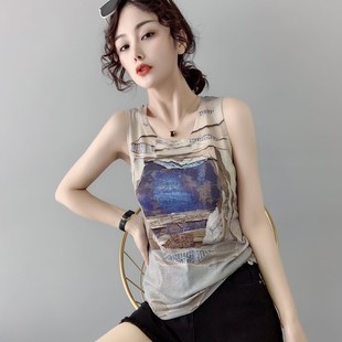 欧洲站2024夏装新款洋气吊带小背心女内搭外穿无袖打底衫印花t恤