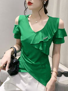 不规则开叉V领T恤女短袖 夏装 欧货时尚 荷叶边上衣性感露肩气质小衫