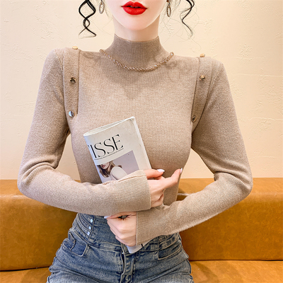 重工钉钻纽扣修身显瘦针织衫上衣女秋冬季新款气质内搭打底衫毛衣