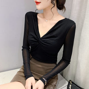 百搭性感V领长袖 网纱打底衫 设计感交叉上衣修身 新款 T恤 女2024春装