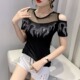 设计感网纱拼接烫钻上衣显瘦洋气质小衫 性感露肩T恤女短袖 夏装 潮