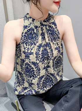 温柔风挂脖吊带背心女夏装欧货度假风印花漂亮上衣无袖雪纺小衫潮