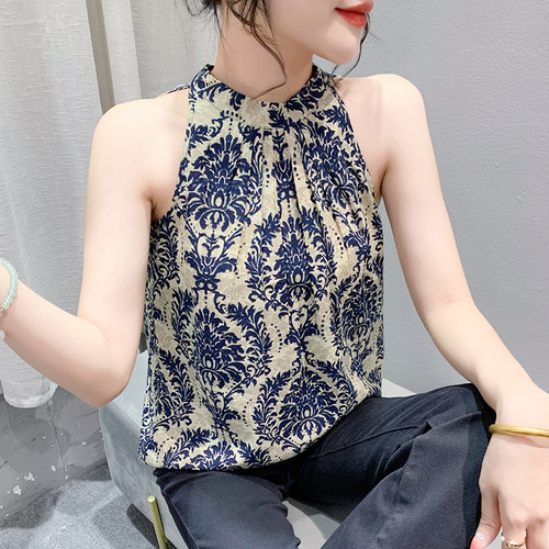 温柔风挂脖吊带背心女夏装欧货度假风印花漂亮上衣无袖雪纺小衫潮