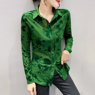 女长袖 植绒网纱衬衫 性感透视上衣气质百搭衬衣 新款 欧洲站2024春装