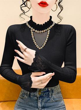 黑色蕾丝拼接针织打底衫女秋冬设计感木耳边钉珠上衣修身内搭毛衣
