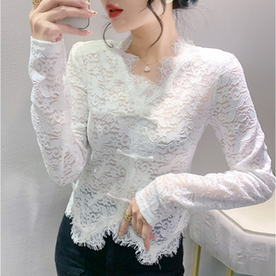 减龄打底衫 洋气修身 国风盘扣性感微透蕾丝女长袖 不规则下摆新中式