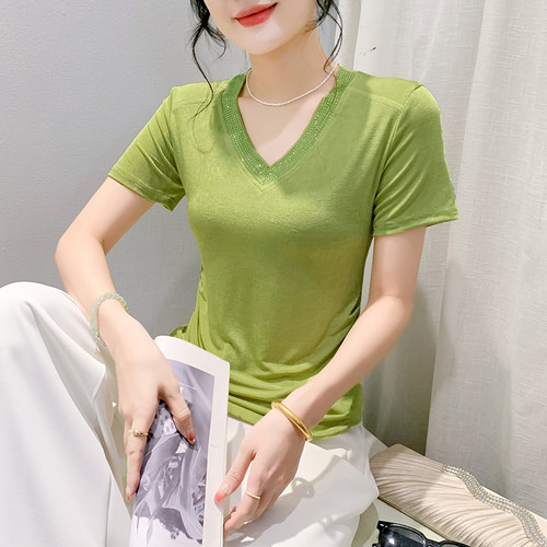 欧货重工镶钻V领正肩短袖T恤女夏季新款显瘦褶皱设计感洋气上衣潮