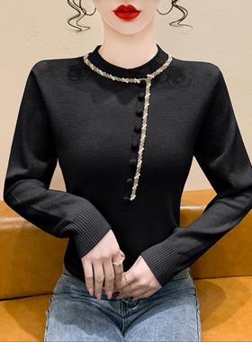 黑色毛衣女秋冬2025新款设计感纽扣钉珠针织衫长袖内搭打底衫上衣
