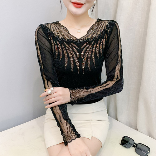 欧货V领网纱打底衫女秋冬设计感烫钻上衣洋气内搭亮丝长袖T恤小衫