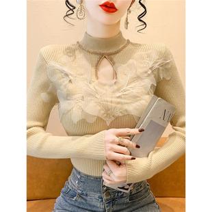 气质蕾丝拼接重工钉钻缕空针织衫女秋冬设计感洋气打底衫上衣毛衣